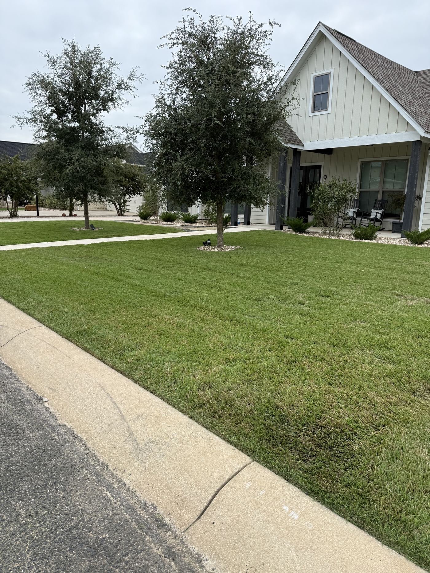 Freshly striped front lawn beside a Hill Country farmhouse